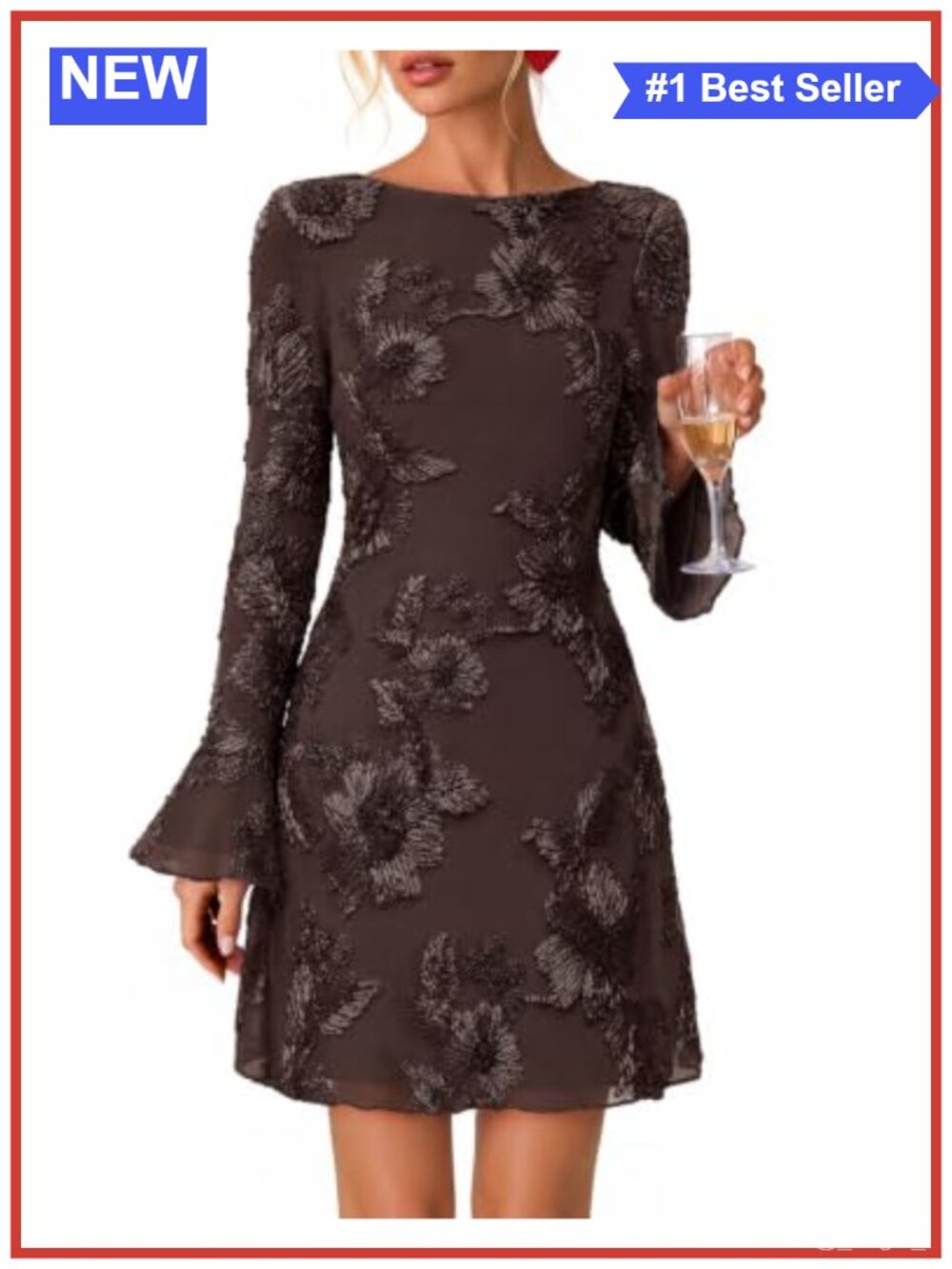 Women's Floral Mesh Cocktail Dress, Mini Bodycon with Ruffled Sleeves